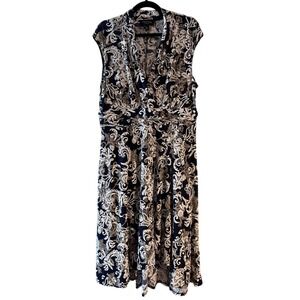 PERCEPTIONS NEW YORK‎ Womens XL Navy White Paisley Sleeveless V Neck Midi Dress